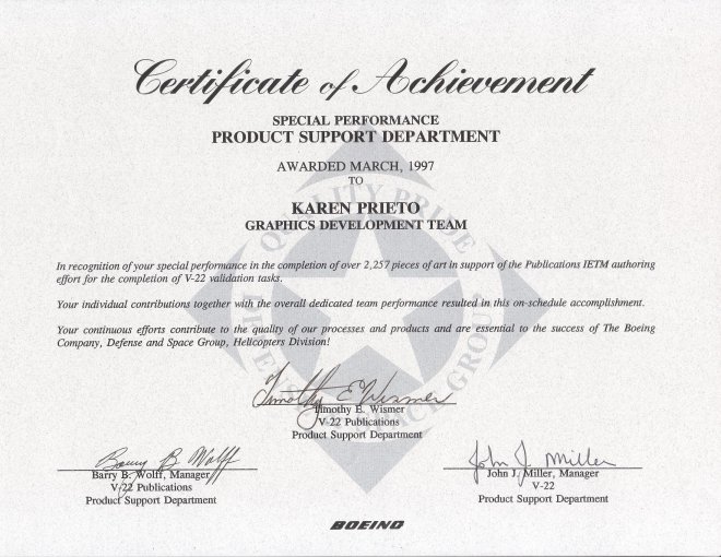 Certificate of Achievement from Boeing Rotorcraft, for the V-22 IETMs project.