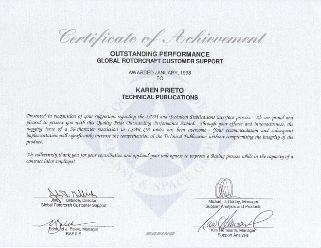 Certificate of Achievement from Boeing Rotorcraft, for the CH-47 manuals revision project.