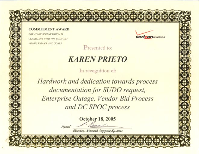 Certificate of Achievement from Verizon Wireless.